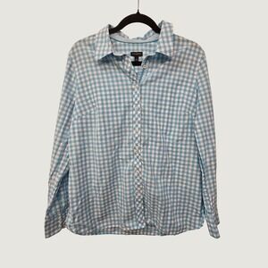 Talbots Blue White Gingham Button Front Shirt Size L Long Sleeve Preppy Classic